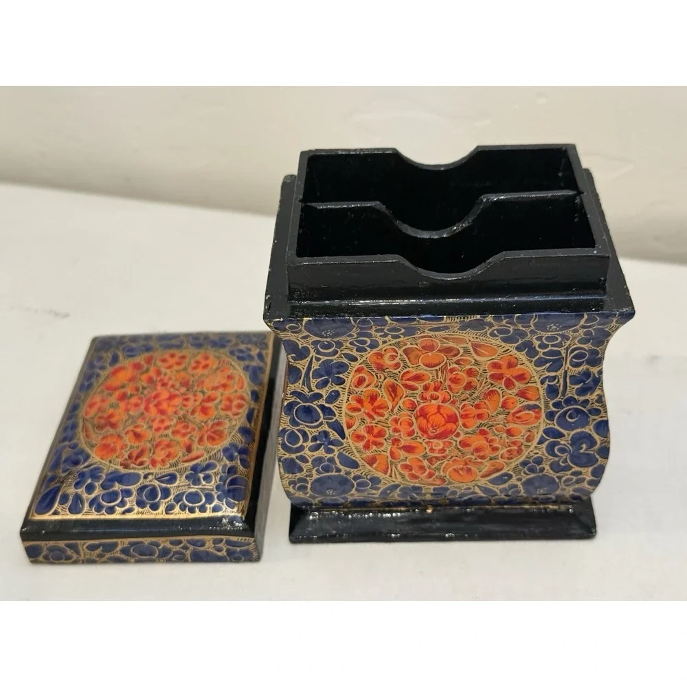 Vintage Papier Mache Enamel Box w Lid Ornate Letter Storage Keepsakes Small Blk